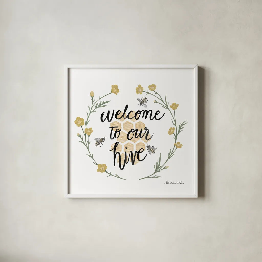 Happy to Bee Home III Welcome by Sara Zieve Miller. Shown in a crisp white glass frame for a clean and minimalist style. Available as an archival giclee rolled canvas, fine art paper, or poster print. SKU 44544a.