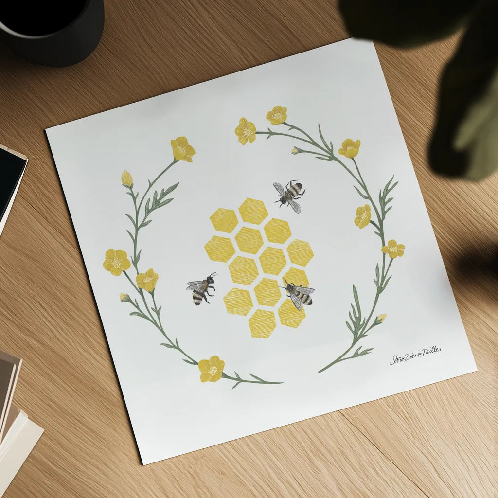 Happy to Bee Home III Yellow by Sara Zieve Miller. Shown as a detailed flat fine art print, highlighting archival giclee quality. Available as an archival giclee rolled canvas, fine art paper, or poster print. SKU 70700a.