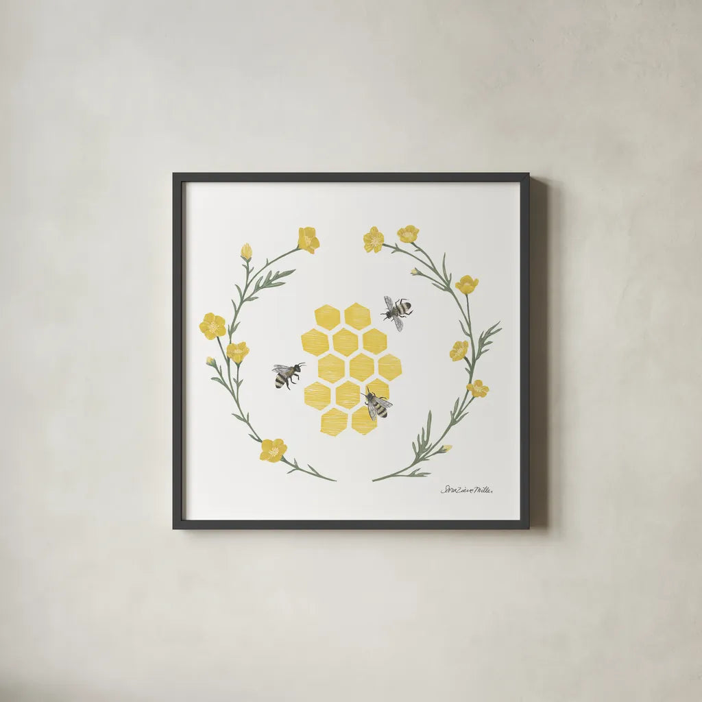 Happy to Bee Home III Yellow by Sara Zieve Miller. Shown in a sleek black glass frame for a contemporary gallery look. Available as an archival giclee rolled canvas, fine art paper, or poster print. SKU 70700a.