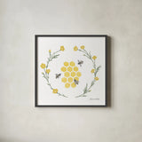Happy to Bee Home III Yellow by Sara Zieve Miller. Shown in a sleek black glass frame for a contemporary gallery look. Available as an archival giclee rolled canvas, fine art paper, or poster print. SKU 70700a.