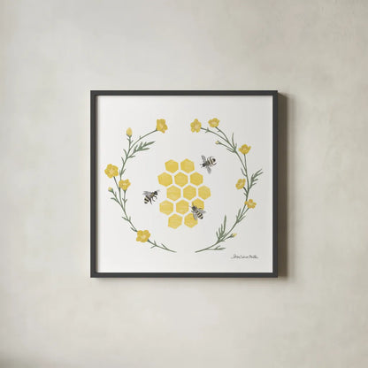 Happy to Bee Home III Yellow by Sara Zieve Miller. Shown in a sleek black glass frame for a contemporary gallery look. Available as an archival giclee rolled canvas, fine art paper, or poster print. SKU 70700a.