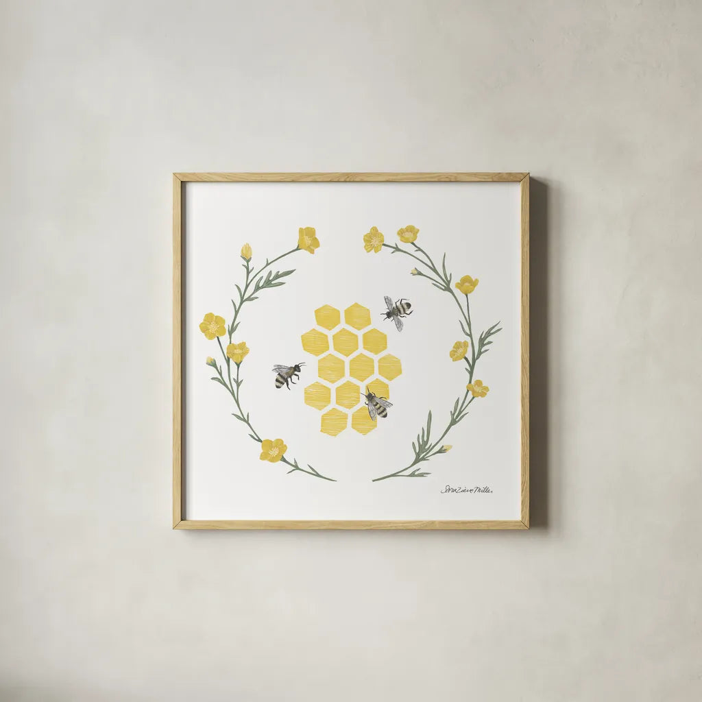 Happy to Bee Home III Yellow by Sara Zieve Miller. Shown in a natural wood glass frame for a timeless modern aesthetic. Available as an archival giclee rolled canvas, fine art paper, or poster print. SKU 70700a.