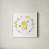 Happy to Bee Home III Yellow by Sara Zieve Miller. Shown in a crisp white glass frame for a clean and minimalist style. Available as an archival giclee rolled canvas, fine art paper, or poster print. SKU 70700a.