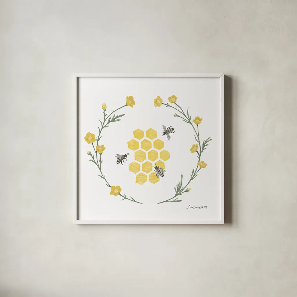 Happy to Bee Home III Yellow by Sara Zieve Miller. Shown in a crisp white glass frame for a clean and minimalist style. Available as an archival giclee rolled canvas, fine art paper, or poster print. SKU 70700a.