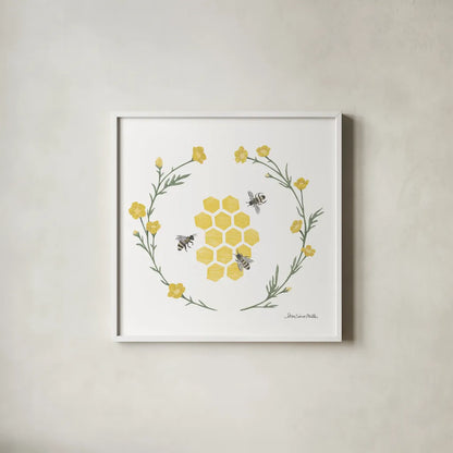Happy to Bee Home III Yellow by Sara Zieve Miller. Shown in a crisp white glass frame for a clean and minimalist style. Available as an archival giclee rolled canvas, fine art paper, or poster print. SKU 70700a.