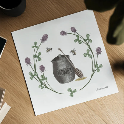Happy to Bee Home IV by Sara Zieve Miller. Shown as a detailed flat fine art print, highlighting archival giclee quality. Available as an archival giclee rolled canvas, fine art paper, or poster print. SKU 33593a.