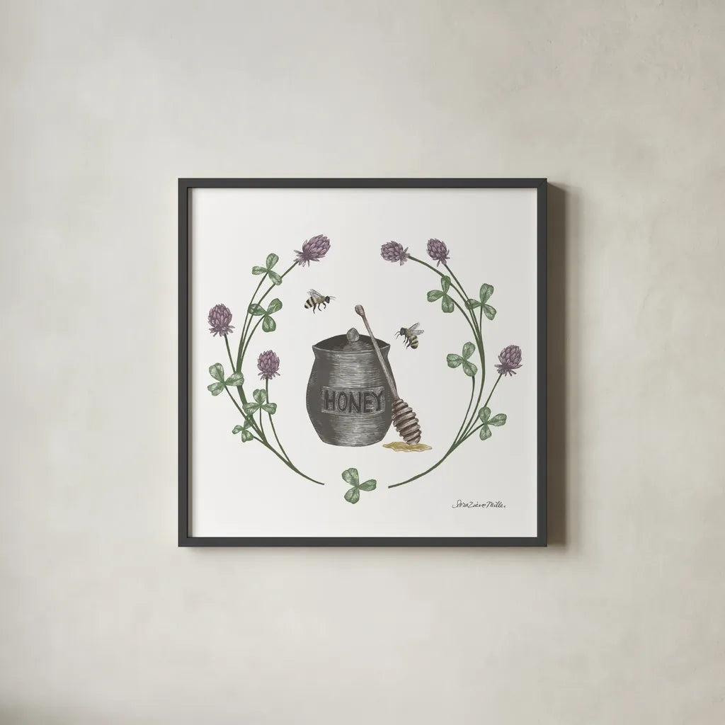 Happy to Bee Home IV by Sara Zieve Miller. Shown in a sleek black glass frame for a contemporary gallery look. Available as an archival giclee rolled canvas, fine art paper, or poster print. SKU 33593a.