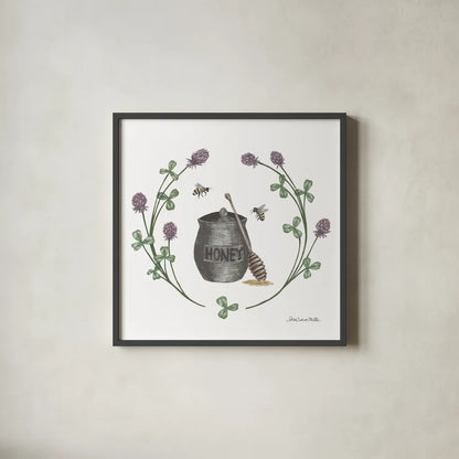 Happy to Bee Home IV by Sara Zieve Miller. Shown in a sleek black glass frame for a contemporary gallery look. Available as an archival giclee rolled canvas, fine art paper, or poster print. SKU 33593a.