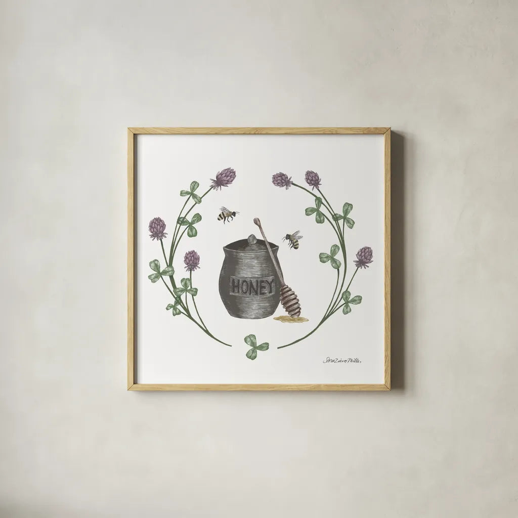 Happy to Bee Home IV by Sara Zieve Miller. Shown in a natural wood glass frame for a timeless modern aesthetic. Available as an archival giclee rolled canvas, fine art paper, or poster print. SKU 33593a.