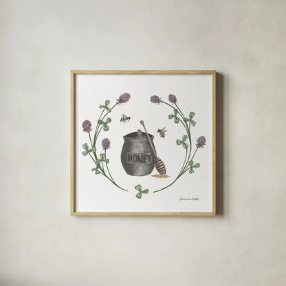 Happy to Bee Home IV by Sara Zieve Miller. Shown in a natural wood glass frame for a timeless modern aesthetic. Available as an archival giclee rolled canvas, fine art paper, or poster print. SKU 33593a.