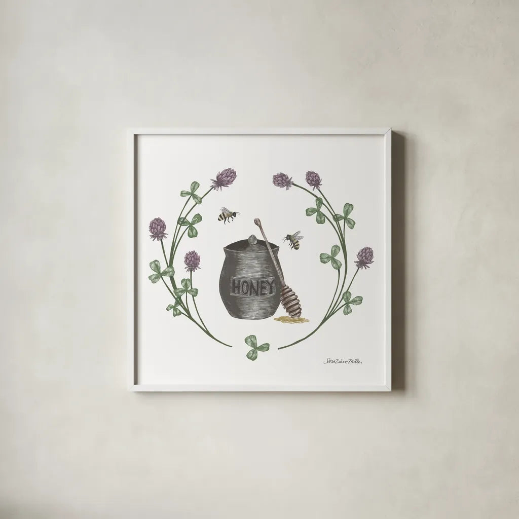 Happy to Bee Home IV by Sara Zieve Miller. Shown in a crisp white glass frame for a clean and minimalist style. Available as an archival giclee rolled canvas, fine art paper, or poster print. SKU 33593a.