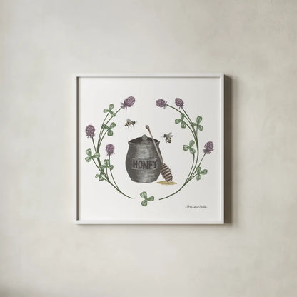 Happy to Bee Home IV by Sara Zieve Miller. Shown in a crisp white glass frame for a clean and minimalist style. Available as an archival giclee rolled canvas, fine art paper, or poster print. SKU 33593a.