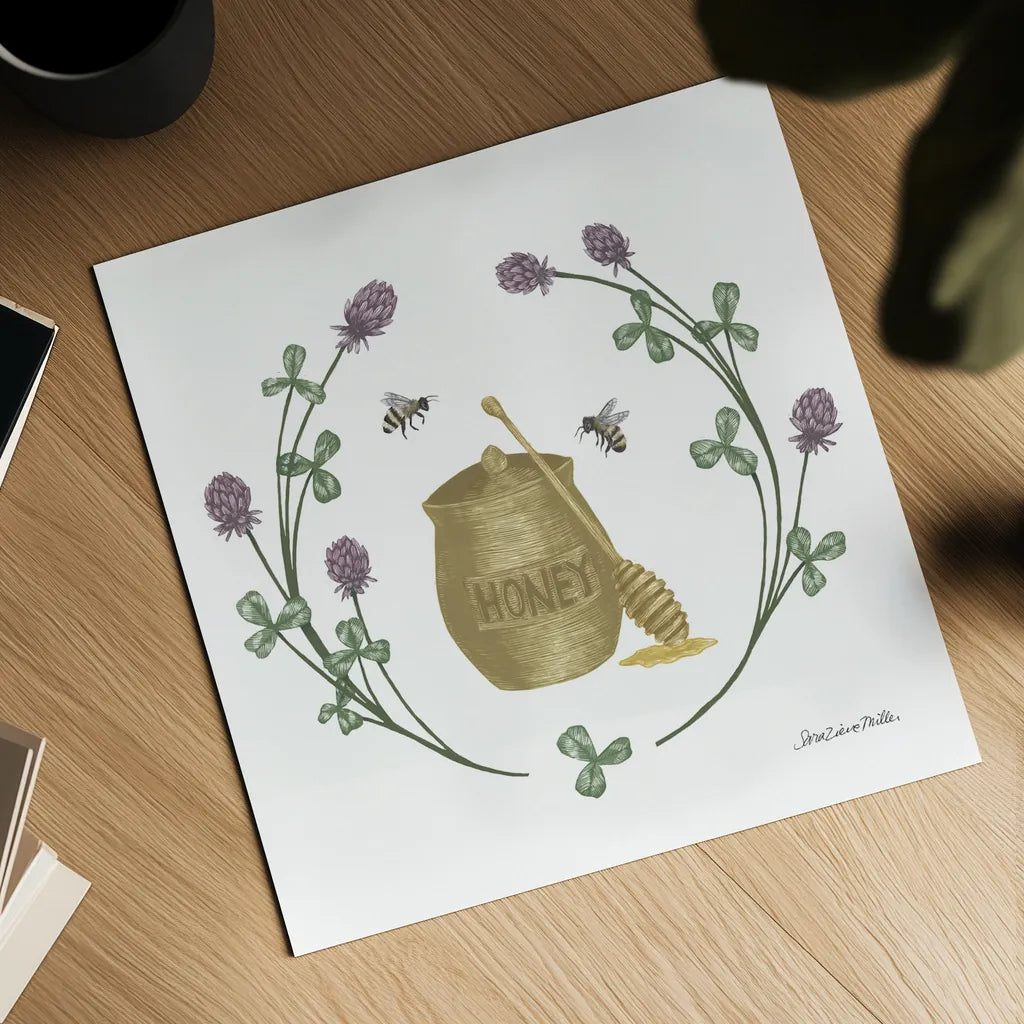 Happy to Bee Home IV Yellow by Sara Zieve Miller. Shown as a detailed flat fine art print, highlighting archival giclee quality. Available as an archival giclee rolled canvas, fine art paper, or poster print. SKU 70701a.