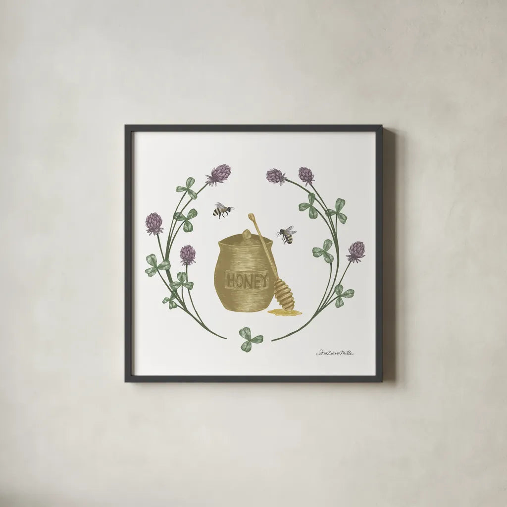Happy to Bee Home IV Yellow by Sara Zieve Miller. Shown in a sleek black glass frame for a contemporary gallery look. Available as an archival giclee rolled canvas, fine art paper, or poster print. SKU 70701a.