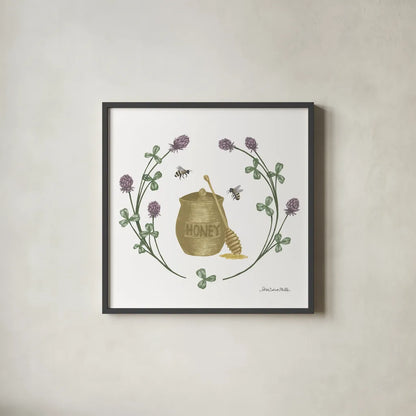 Happy to Bee Home IV Yellow by Sara Zieve Miller. Shown in a sleek black glass frame for a contemporary gallery look. Available as an archival giclee rolled canvas, fine art paper, or poster print. SKU 70701a.