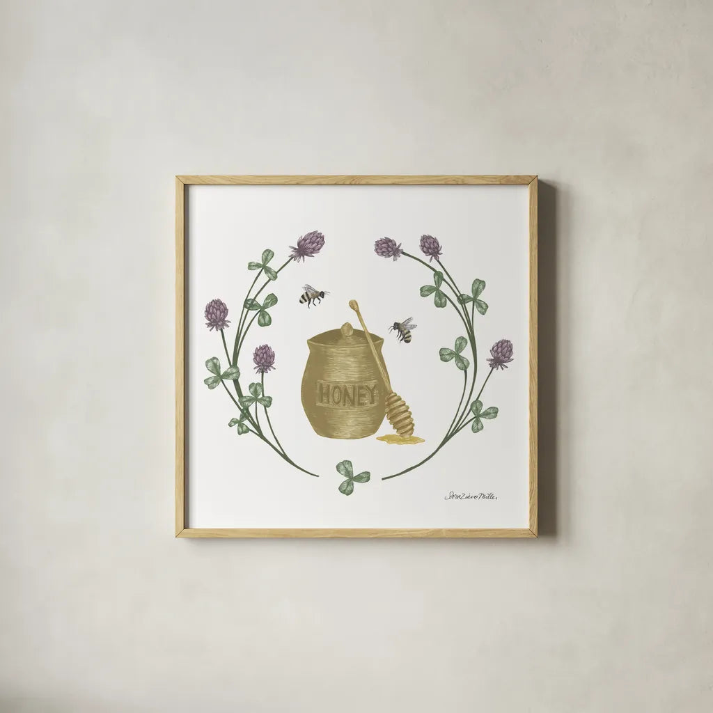 Happy to Bee Home IV Yellow by Sara Zieve Miller. Shown in a natural wood glass frame for a timeless modern aesthetic. Available as an archival giclee rolled canvas, fine art paper, or poster print. SKU 70701a.