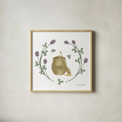 Happy to Bee Home IV Yellow by Sara Zieve Miller. Shown in a natural wood glass frame for a timeless modern aesthetic. Available as an archival giclee rolled canvas, fine art paper, or poster print. SKU 70701a.