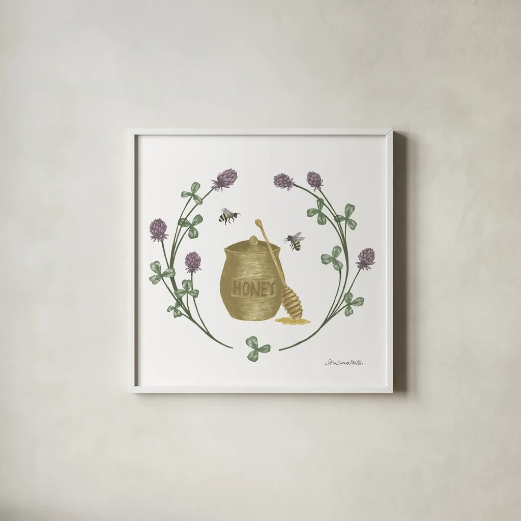 Happy to Bee Home IV Yellow by Sara Zieve Miller. Shown in a crisp white glass frame for a clean and minimalist style. Available as an archival giclee rolled canvas, fine art paper, or poster print. SKU 70701a.