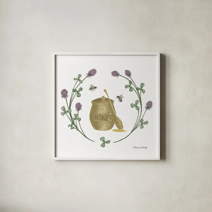 Happy to Bee Home IV Yellow by Sara Zieve Miller. Shown in a crisp white glass frame for a clean and minimalist style. Available as an archival giclee rolled canvas, fine art paper, or poster print. SKU 70701a.