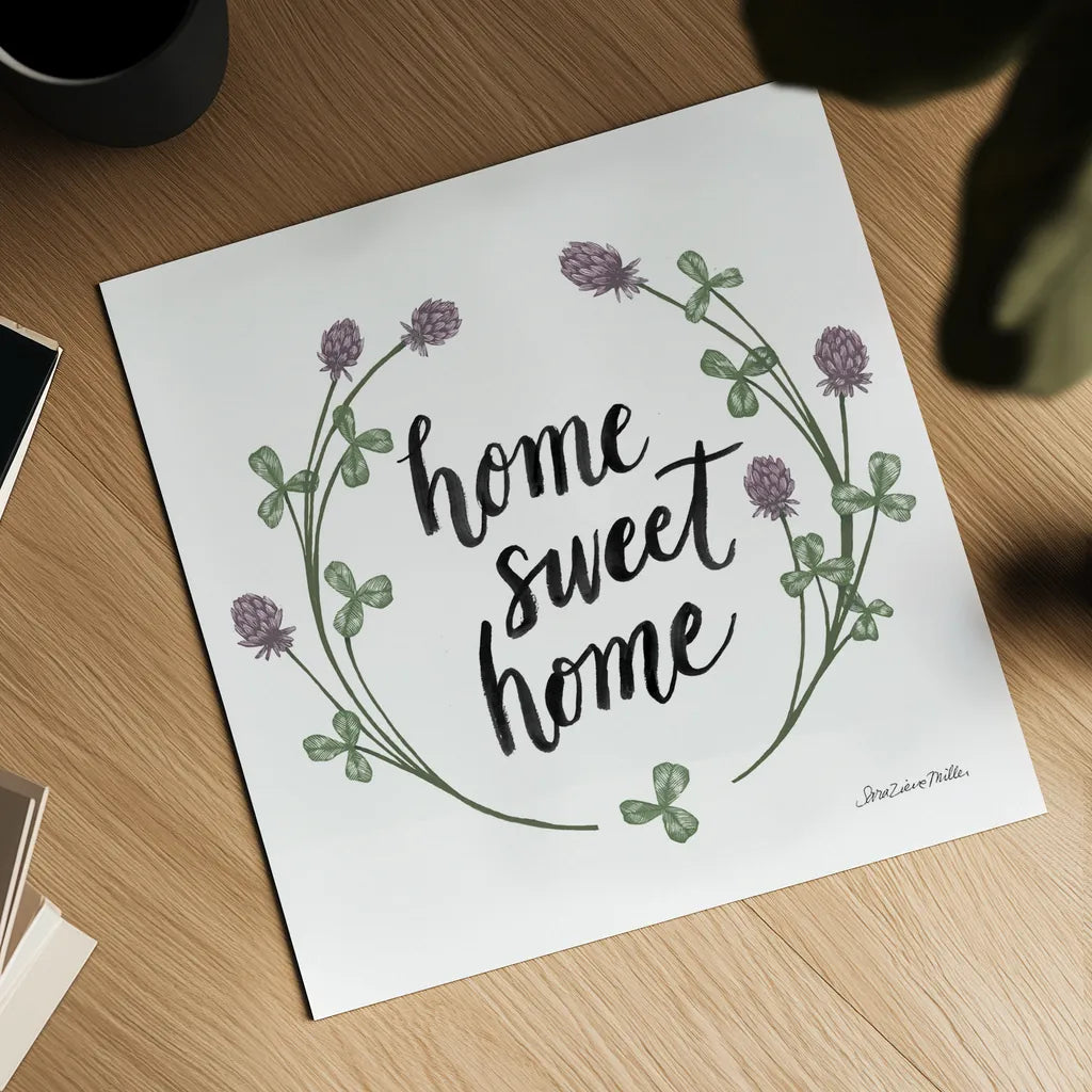 Happy to Bee Home Words I by Sara Zieve Miller. Shown as a detailed flat fine art print, highlighting archival giclee quality. Available as an archival giclee rolled canvas, fine art paper, or poster print. SKU 33594a.
