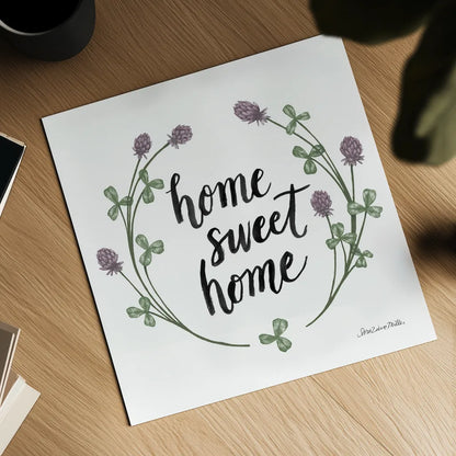 Happy to Bee Home Words I by Sara Zieve Miller. Shown as a detailed flat fine art print, highlighting archival giclee quality. Available as an archival giclee rolled canvas, fine art paper, or poster print. SKU 33594a.