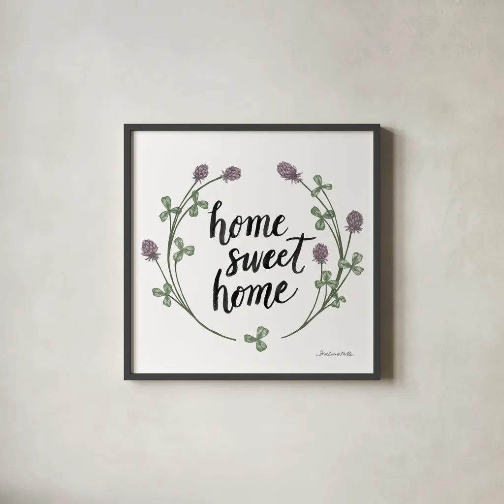 Happy to Bee Home Words I by Sara Zieve Miller. Shown in a sleek black glass frame for a contemporary gallery look. Available as an archival giclee rolled canvas, fine art paper, or poster print. SKU 33594a.