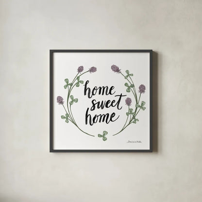 Happy to Bee Home Words I by Sara Zieve Miller. Shown in a sleek black glass frame for a contemporary gallery look. Available as an archival giclee rolled canvas, fine art paper, or poster print. SKU 33594a.