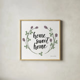 Happy to Bee Home Words I by Sara Zieve Miller. Shown in a natural wood glass frame for a timeless modern aesthetic. Available as an archival giclee rolled canvas, fine art paper, or poster print. SKU 33594a.