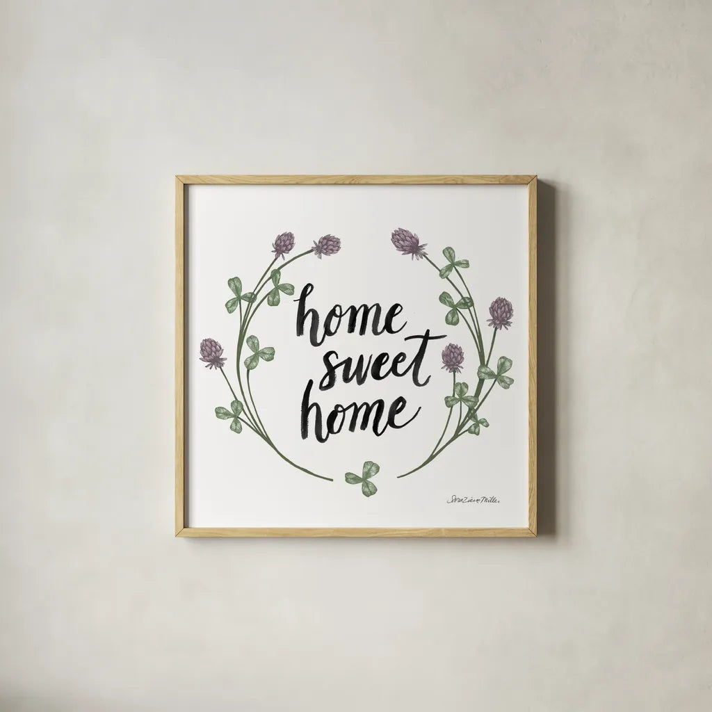 Happy to Bee Home Words I by Sara Zieve Miller. Shown in a natural wood glass frame for a timeless modern aesthetic. Available as an archival giclee rolled canvas, fine art paper, or poster print. SKU 33594a.