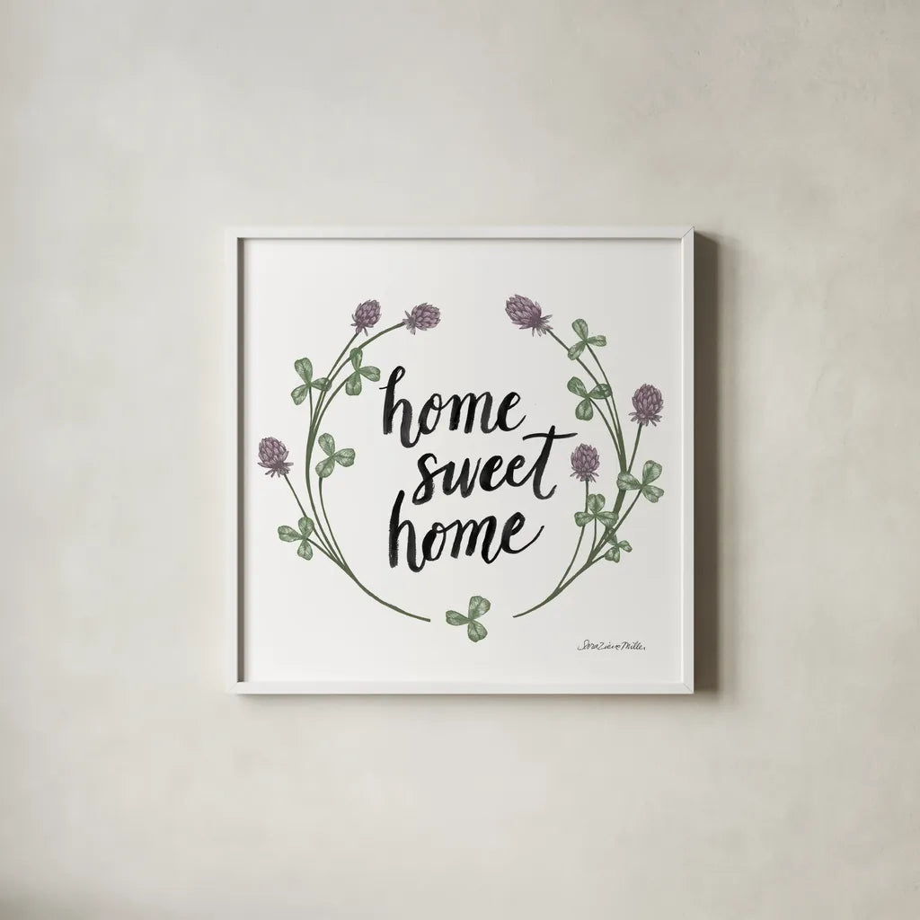 Happy to Bee Home Words I by Sara Zieve Miller. Shown in a crisp white glass frame for a clean and minimalist style. Available as an archival giclee rolled canvas, fine art paper, or poster print. SKU 33594a.