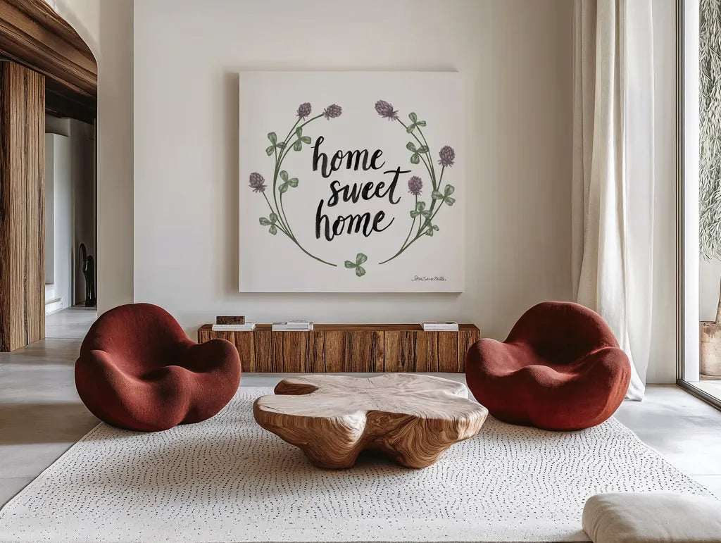 Happy to Bee Home Words I by Sara Zieve Miller. Shown as extra-large giant wall art in a modern living room. Available as an archival giclee rolled canvas, fine art paper, or poster print. SKU 33594a.