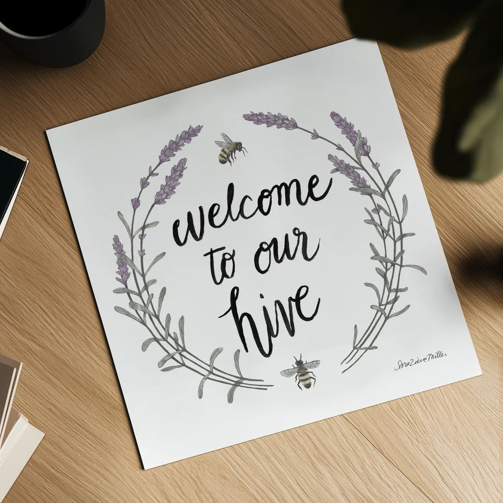 Happy to Bee Home Words II by Sara Zieve Miller. Shown as a detailed flat fine art print, highlighting archival giclee quality. Available as an archival giclee rolled canvas, fine art paper, or poster print. SKU 33595a.