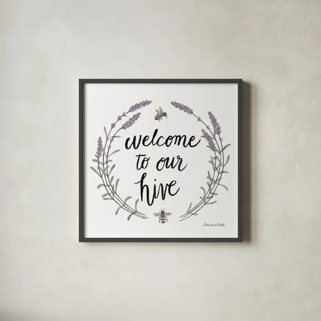 Happy to Bee Home Words II by Sara Zieve Miller. Shown in a sleek black glass frame for a contemporary gallery look. Available as an archival giclee rolled canvas, fine art paper, or poster print. SKU 33595a.