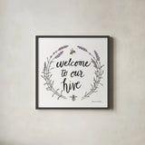 Happy to Bee Home Words II by Sara Zieve Miller. Shown in a sleek black glass frame for a contemporary gallery look. Available as an archival giclee rolled canvas, fine art paper, or poster print. SKU 33595a.
