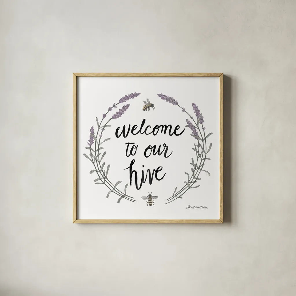 Happy to Bee Home Words II by Sara Zieve Miller. Shown in a natural wood glass frame for a timeless modern aesthetic. Available as an archival giclee rolled canvas, fine art paper, or poster print. SKU 33595a.
