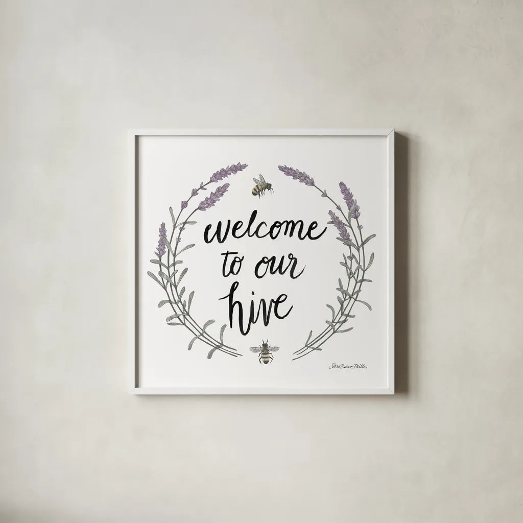 Happy to Bee Home Words II by Sara Zieve Miller. Shown in a crisp white glass frame for a clean and minimalist style. Available as an archival giclee rolled canvas, fine art paper, or poster print. SKU 33595a.