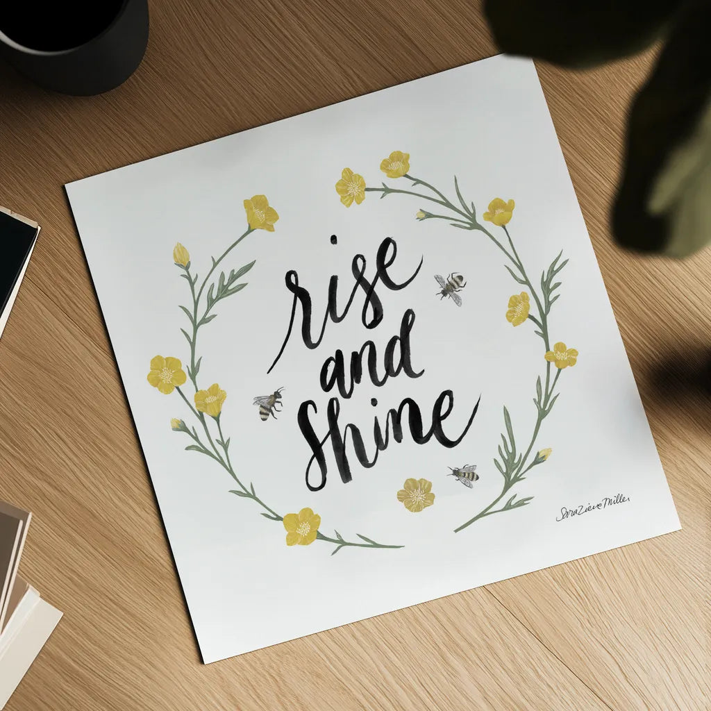 Happy to Bee Home Words IV by Sara Zieve Miller. Shown as a detailed flat fine art print, highlighting archival giclee quality. Available as an archival giclee rolled canvas, fine art paper, or poster print. SKU 70703a.