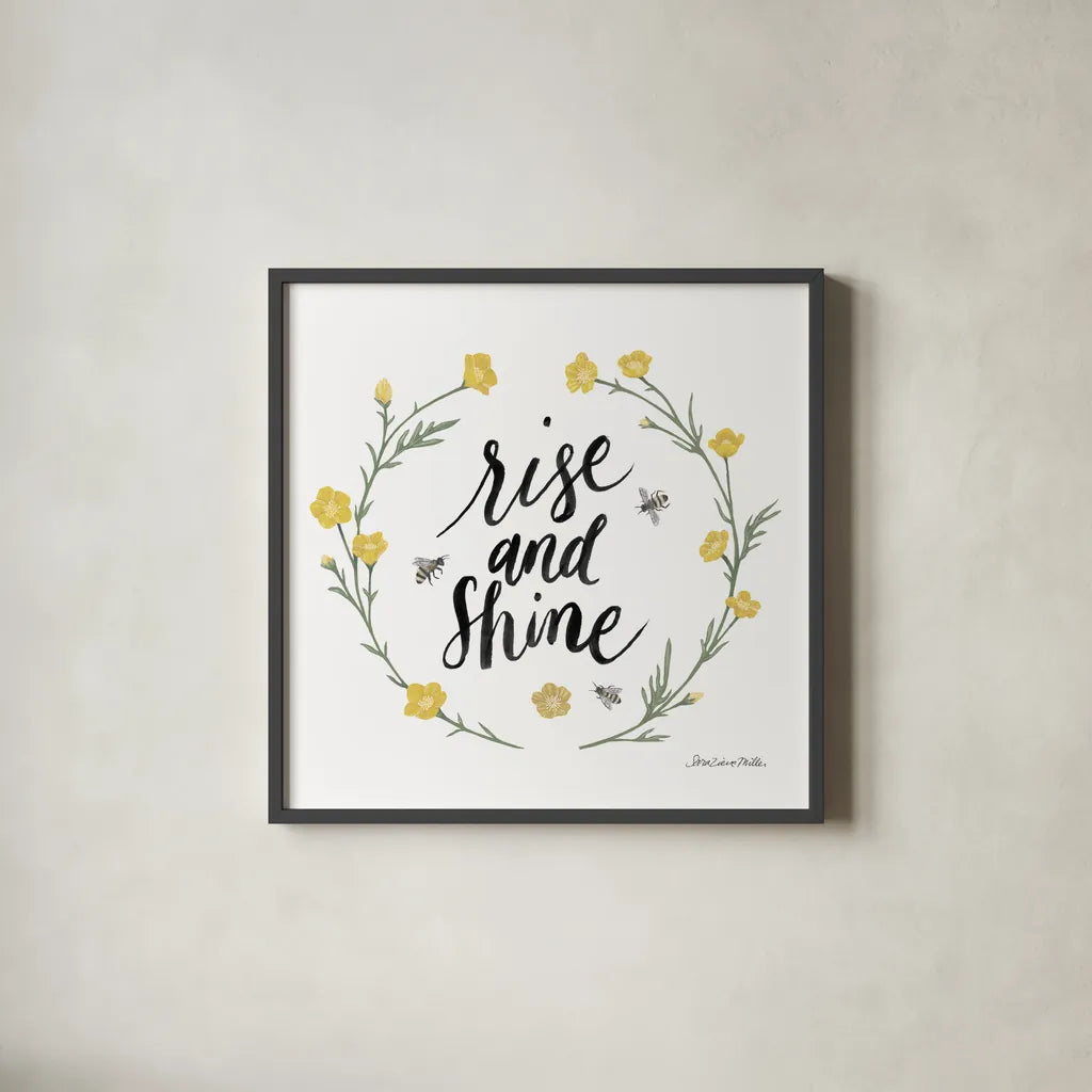 Happy to Bee Home Words IV by Sara Zieve Miller. Shown in a sleek black glass frame for a contemporary gallery look. Available as an archival giclee rolled canvas, fine art paper, or poster print. SKU 70703a.