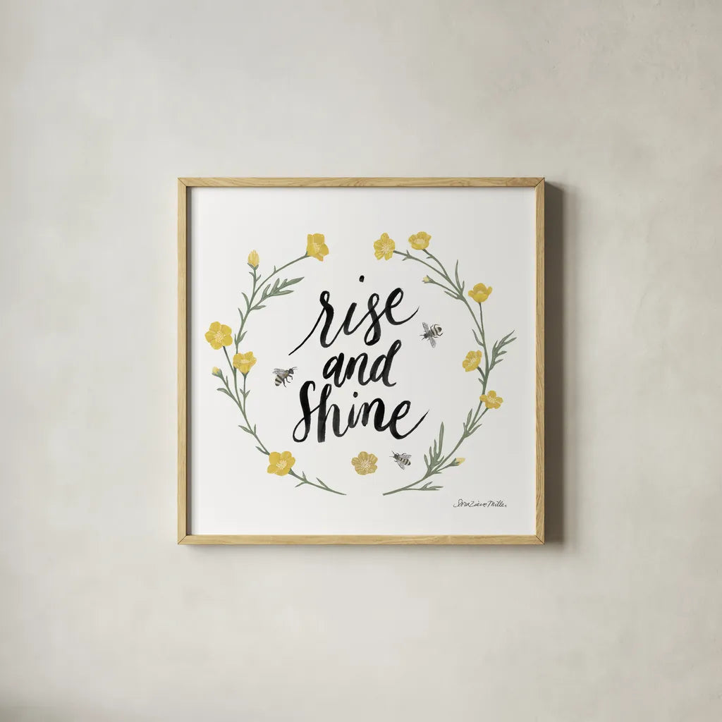 Happy to Bee Home Words IV by Sara Zieve Miller. Shown in a natural wood glass frame for a timeless modern aesthetic. Available as an archival giclee rolled canvas, fine art paper, or poster print. SKU 70703a.