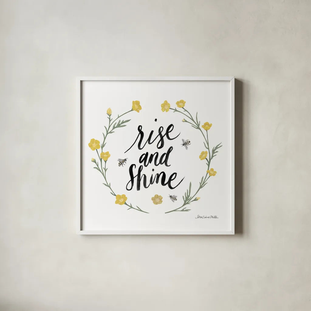 Happy to Bee Home Words IV by Sara Zieve Miller. Shown in a crisp white glass frame for a clean and minimalist style. Available as an archival giclee rolled canvas, fine art paper, or poster print. SKU 70703a.