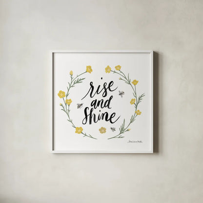 Happy to Bee Home Words IV by Sara Zieve Miller. Shown in a crisp white glass frame for a clean and minimalist style. Available as an archival giclee rolled canvas, fine art paper, or poster print. SKU 70703a.
