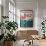 Hills and Valleys I Light v2 by Sara Zieve Miller. shown as a print in a natural wood frame in a dining room. Available as a archival giclee rolled canvas, fine art paper, or poster print. SKU 80653h.
