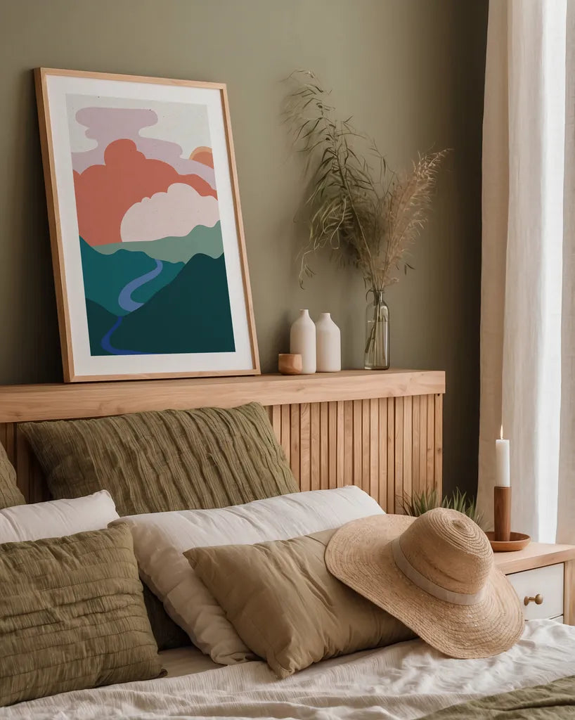 Hills and Valleys I Light v2 by Sara Zieve Miller. shown as a paper print in a natural frame. Available as a archival giclee rolled canvas, fine art paper, or poster print. SKU 80653h.