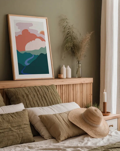 Hills and Valleys I Light v2 by Sara Zieve Miller. shown as a paper print in a natural frame. Available as a archival giclee rolled canvas, fine art paper, or poster print. SKU 80653h.