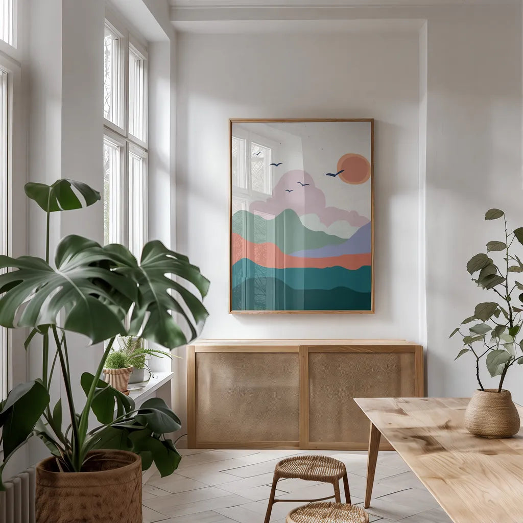 Hills and Valleys II v2 by Sara Zieve Miller. shown as a print in a natural wood frame in a dining room. Available as a archival giclee rolled canvas, fine art paper, or poster print. SKU 80654h.