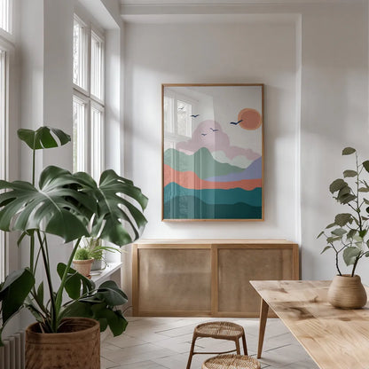 Hills and Valleys II v2 by Sara Zieve Miller. shown as a print in a natural wood frame in a dining room. Available as a archival giclee rolled canvas, fine art paper, or poster print. SKU 80654h.