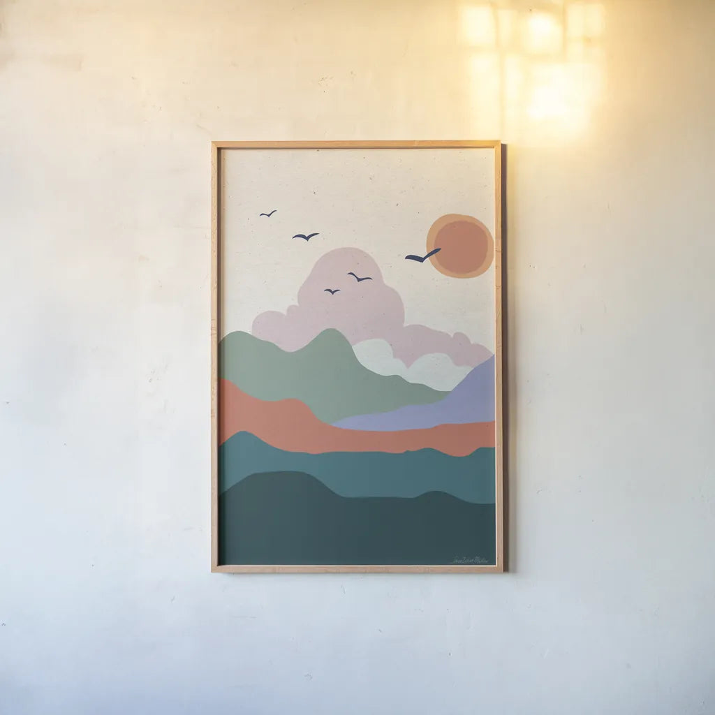 Hills and Valleys II v2 by Sara Zieve Miller. shown as a paper print in a natural frame. Available as a archival giclee rolled canvas, fine art paper, or poster print. SKU 80654h.