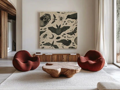 Hocus Pocus Pattern VII by Sara Zieve Miller. Shown as extra-large giant wall art in a modern living room. Available as an archival giclee rolled canvas, fine art paper, or poster print. SKU 63966a.