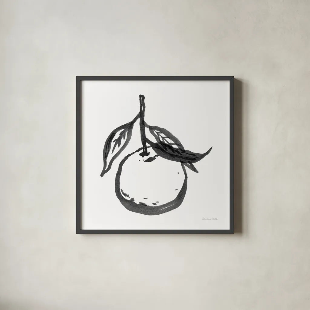 Ink Orange I by Sara Zieve Miller. Shown in a sleek black glass frame for a contemporary gallery look. Available as an archival giclee rolled canvas, fine art paper, or poster print. SKU 67962a.