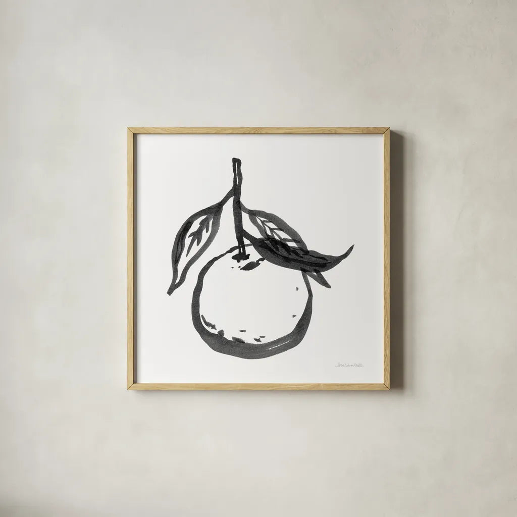 Ink Orange I by Sara Zieve Miller. Shown in a natural wood glass frame for a timeless modern aesthetic. Available as an archival giclee rolled canvas, fine art paper, or poster print. SKU 67962a.